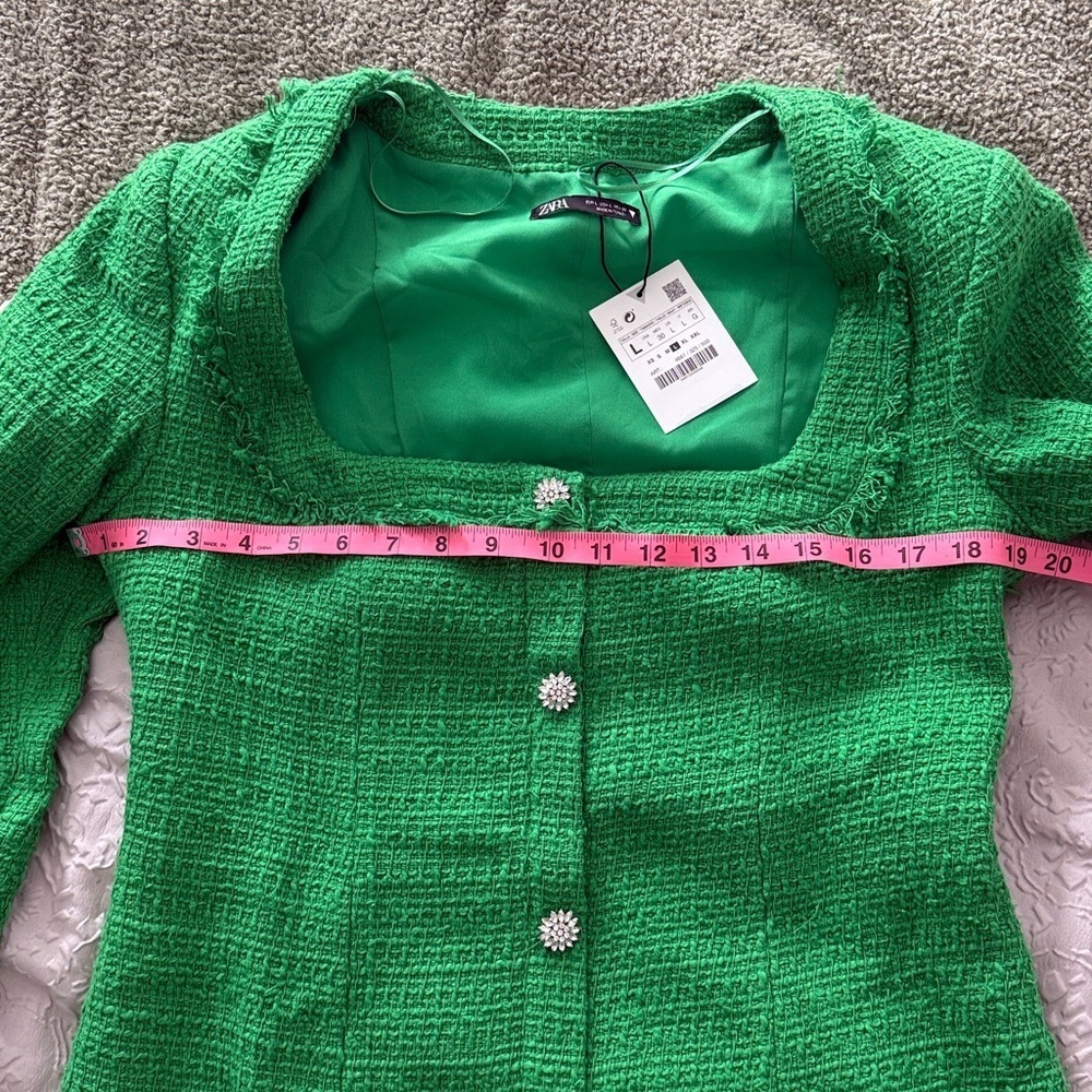 Zara Tweed Boucle squared neck long sleeves Jewel Buttons Green Dress Sz Large - Picture 10 of 15